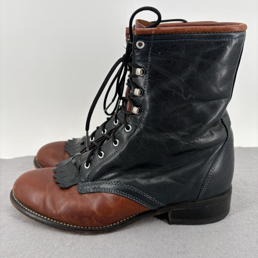 Laredo Women's Black Leather Lace Up Kiltie Roper 70918 8 M Made In USA Vtg